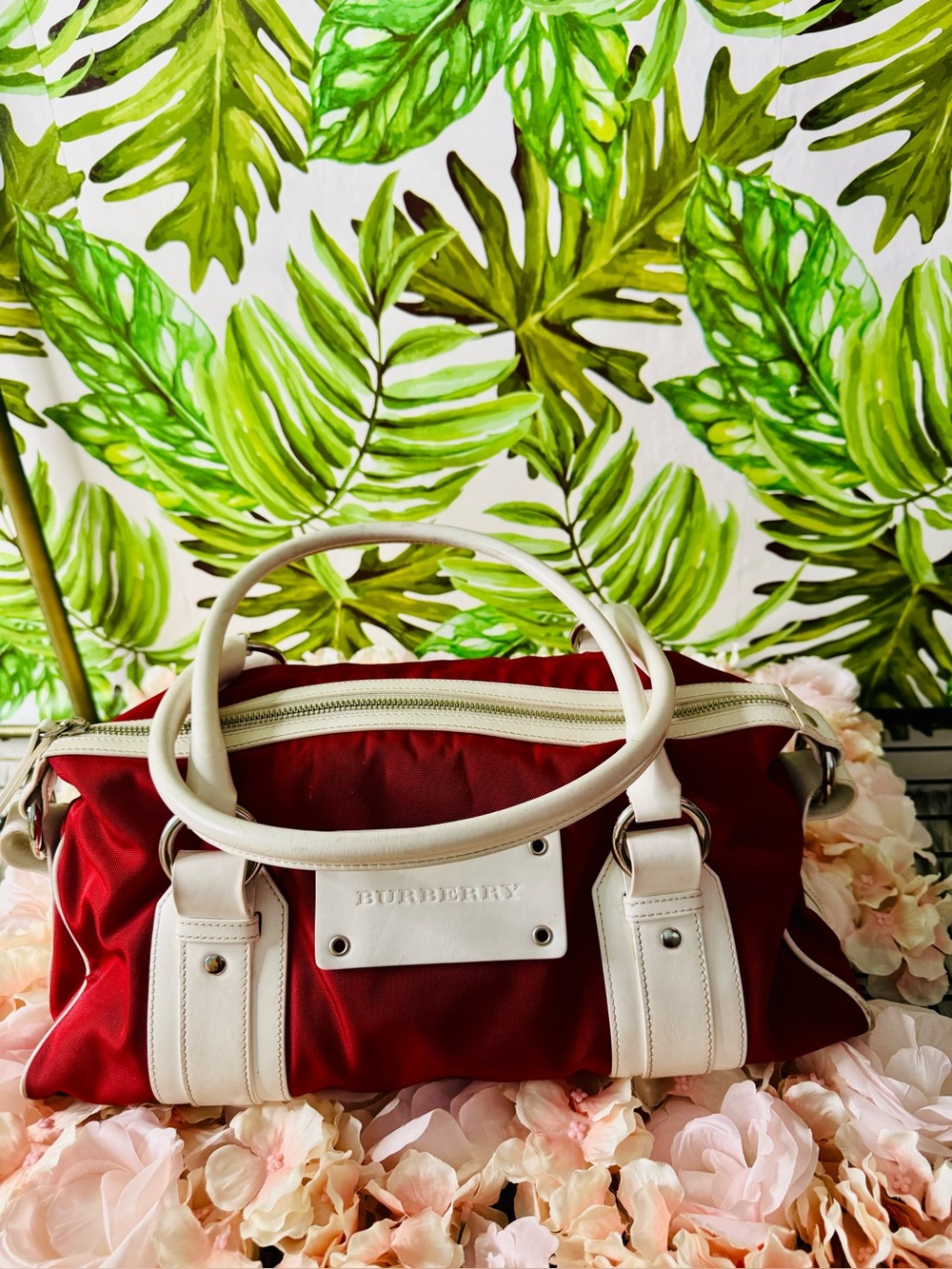 Burberry Red Canvas Satchel with White Leather Trim